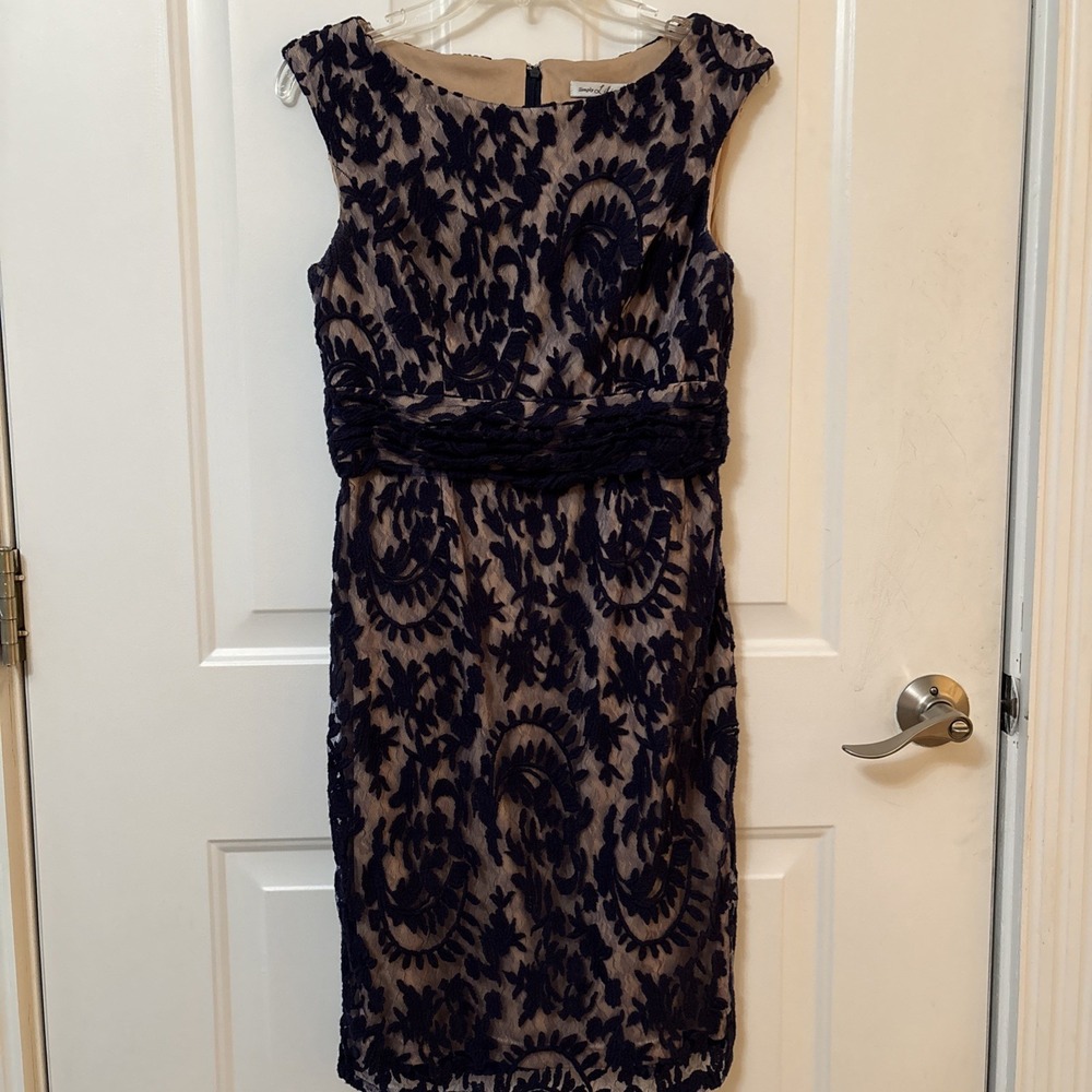 Simply Liliana Size 8 Woman's Blue Lace W/Beige Underlay Sheath Dress